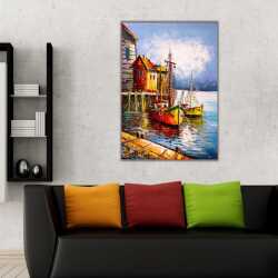 Sahil Kasabası ve Tekneler Kanvas Tablo - 