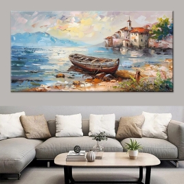 Sahil Kasabasında Deniz Kenarında Akşam Kanvas Tablo - 
