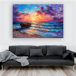 Sahilde Gün Batımı ve Tekne Kanvas Tablo - 