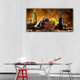 Şarap ve Meyveler Panoramik Kanvas Tablo - 