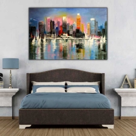 Şehrin Işıkları ve Suya Yansıyan Silüeti Tablosu - 