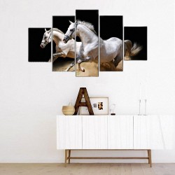 Siyah Beyaz Atlar 5 Parçalı Kanvas Tablo - Thumbnail