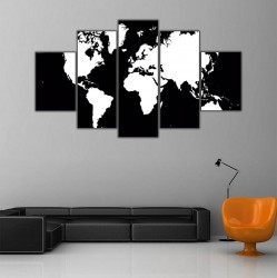 Siyah Beyaz Dünya Haritası 5 Parçalı Kanvas Tablo - Thumbnail
