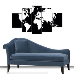 Siyah Beyaz Dünya Haritası 5 Parçalı Kanvas Tablo