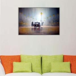 Sokak Lambalarının Altında Otomobil Kanvas Tablo - 