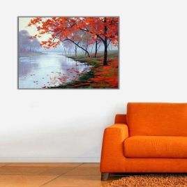 Sonbahar ve Göl Manzarası Kanvas Tablo - 
