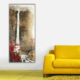Sonbahar ve Şelale Dikey Panoramil Kanvas Tablo - 