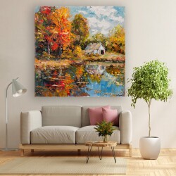 Sonbaharda Göl Kenarındaki Orman Evi Kanvas Tablo - 