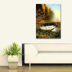 Sonbaharda Göl Kıyısındaki Sandal Kanvas Tablo - 