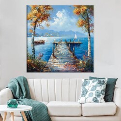 Sonbaharda İskele ve Deniz Manzarası Kanvas Tablo - 