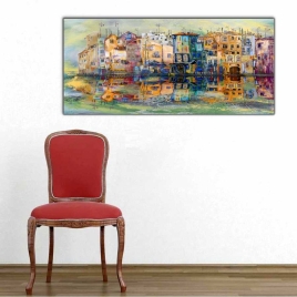 Suya Yansıyan Evler Panoramik Kanvas Tablo - 