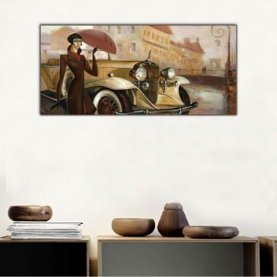 Vintage Araba ve Şemsiyeli Kadın Panoramik Kanvas Tablo