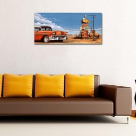 Vintage Araba Yatay Panoramik Kanvas Tablo - 