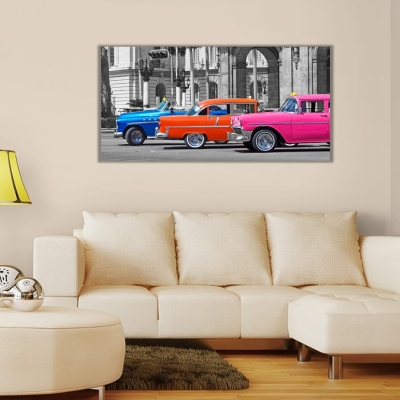 Vintage Otomobiller Panoramik Kanvas Tablo