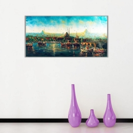 Yağlı Boya Eminönüe ve Galata Köprüsü Manzarası Panoramik Kanvas Tablo - 