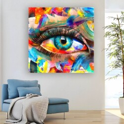 Yağlıboya Soyut Renkler Üzerine Mavi Göz Kanvas Tablo - 